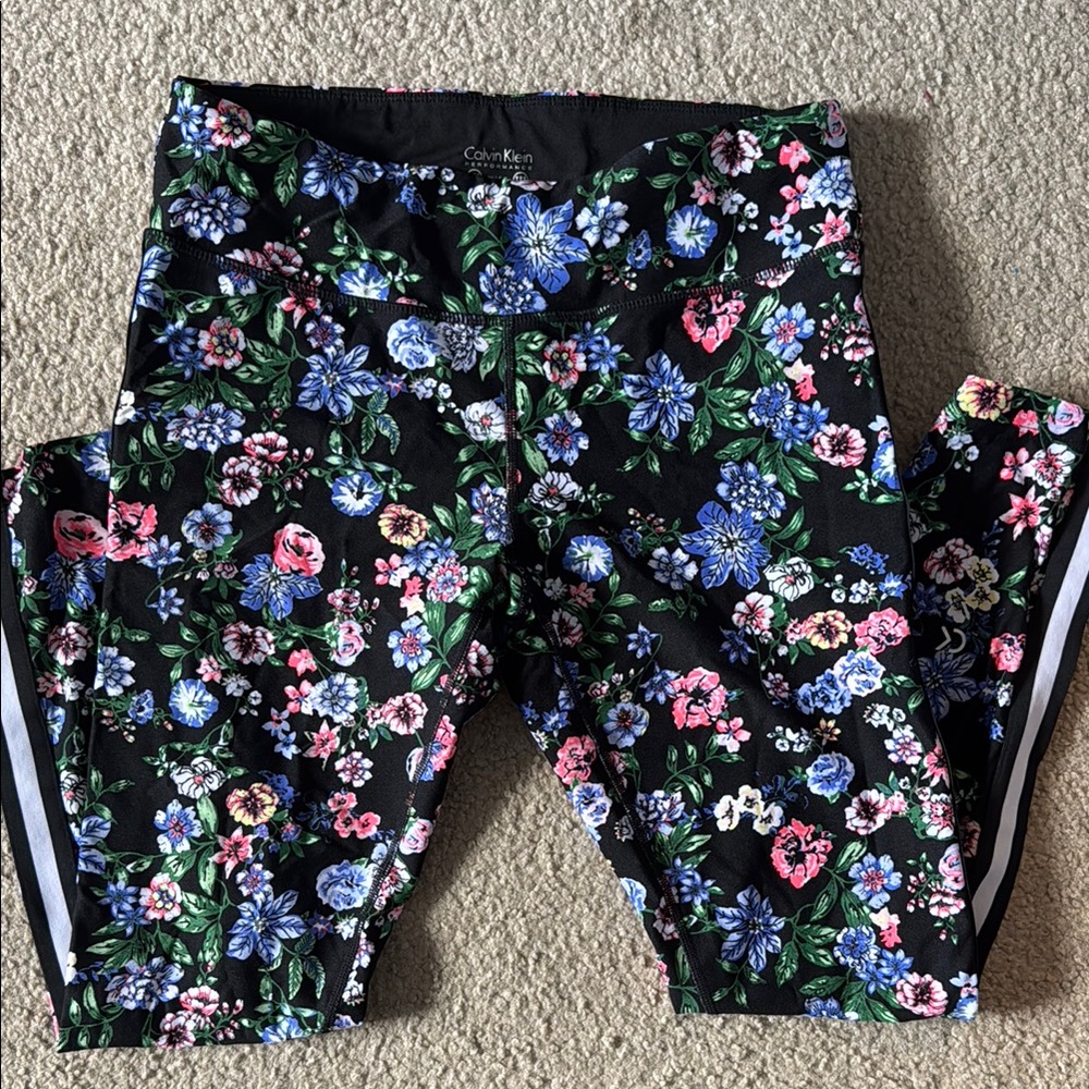 Calvin Klein Black Floral Leggings Stretchy Athleisure